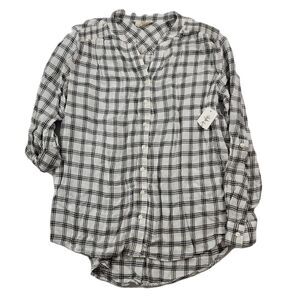 Style &‎ Co. Button-Down Top Womens 0X Plus Glen Plaid Cotton Winter White NEW